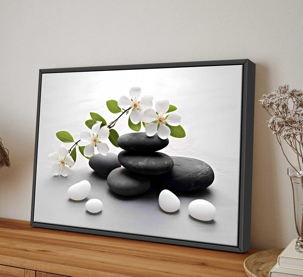 Framed Zen Stone Flower Canvas Wall Art Orchid Flower Black White Zen Stone P...