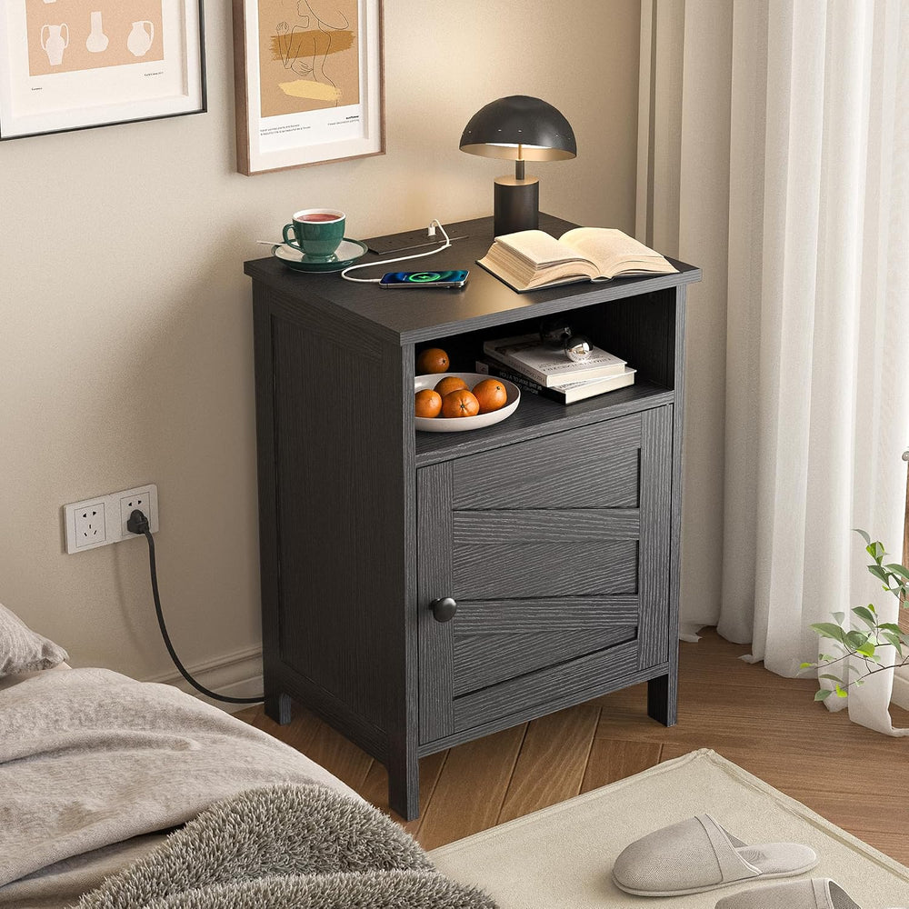 Night Stand with Charging Station, Farmhouse Nightstand with Open Shelf, Beds...