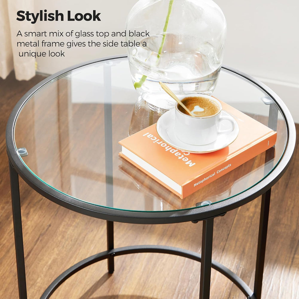 VASAGLE Round Side Tables, Set of 2, Glass End Tables with Metal Frame