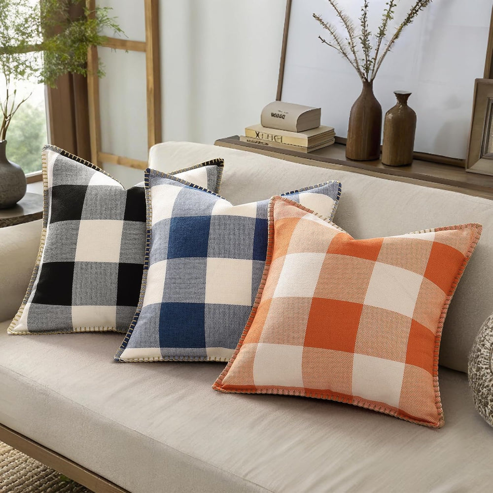 decorUhome Fall Plaid Linen Throw Pillow Covers 26x26 Set of 2 Navy Blue
