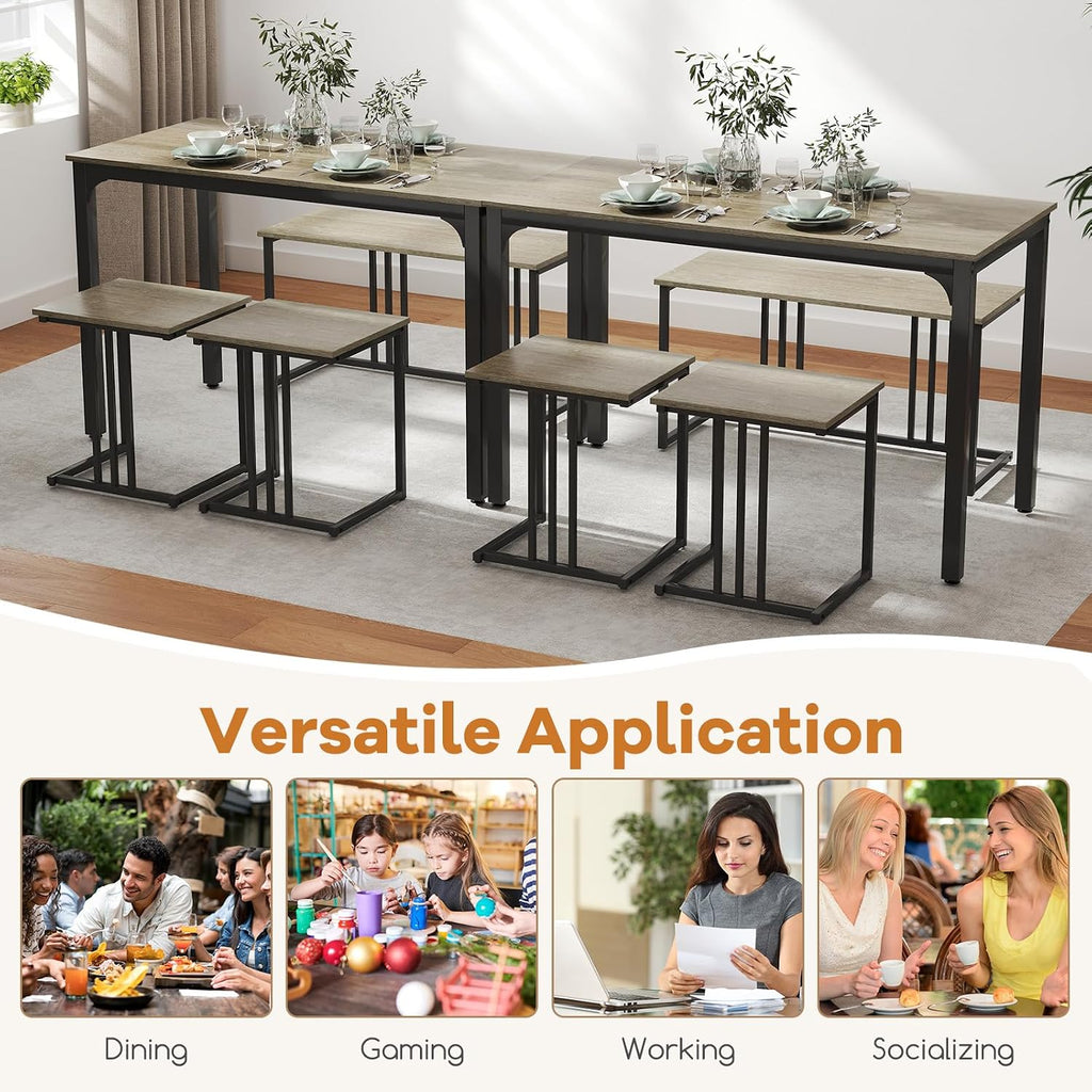 GOFLAME 4-Piece Dining Table Set for 4, Rectangular Wood Dining Table with Bench & 2 Stools, Industrial Kitchen Table Set, Space-Saving Dinette Set for Living Room, Dining Room, Pub, Grey Oak