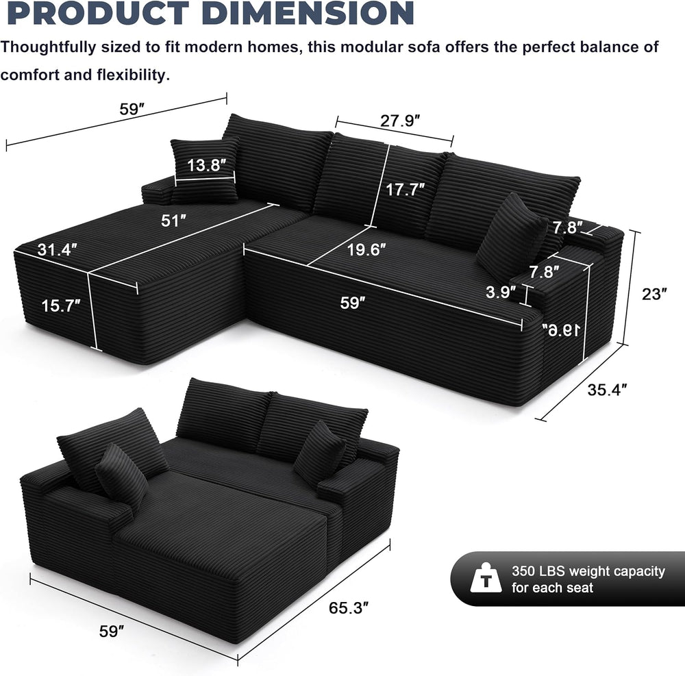 Mangodan Cloud Sectional Sofa, Boneless Couch for Living Room, Black