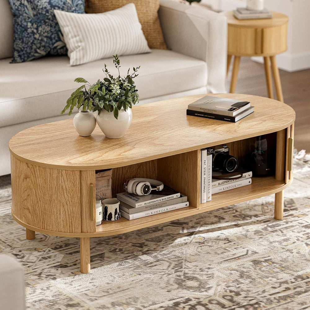 ZttRiee Oval Coffee Table with Sliding Doors, Modern, Natural
