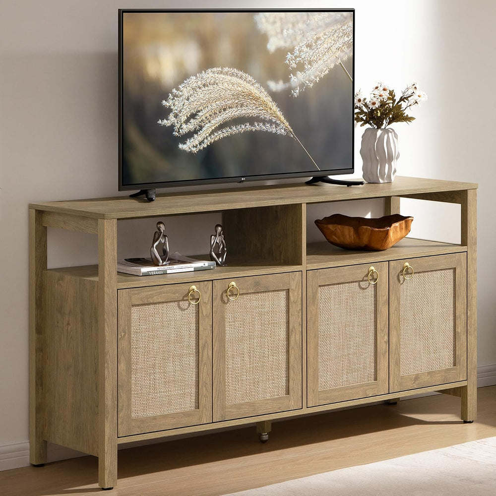 SICOTAS Rattan TV Stand Entertainment Center Storage Cabinet with 4 Doors