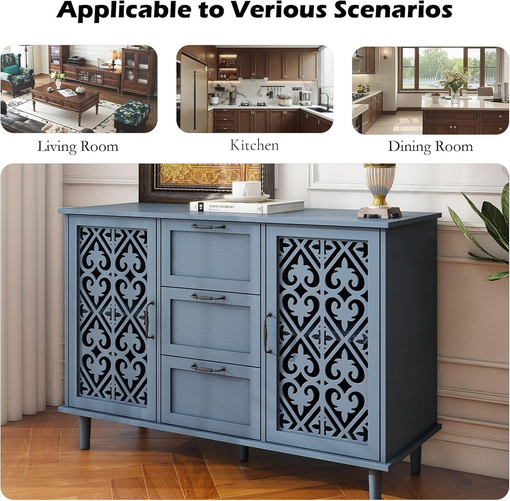 Sideboard Buffet Cabinet, Blue 2 Door 3 Drawer Storage Credenza