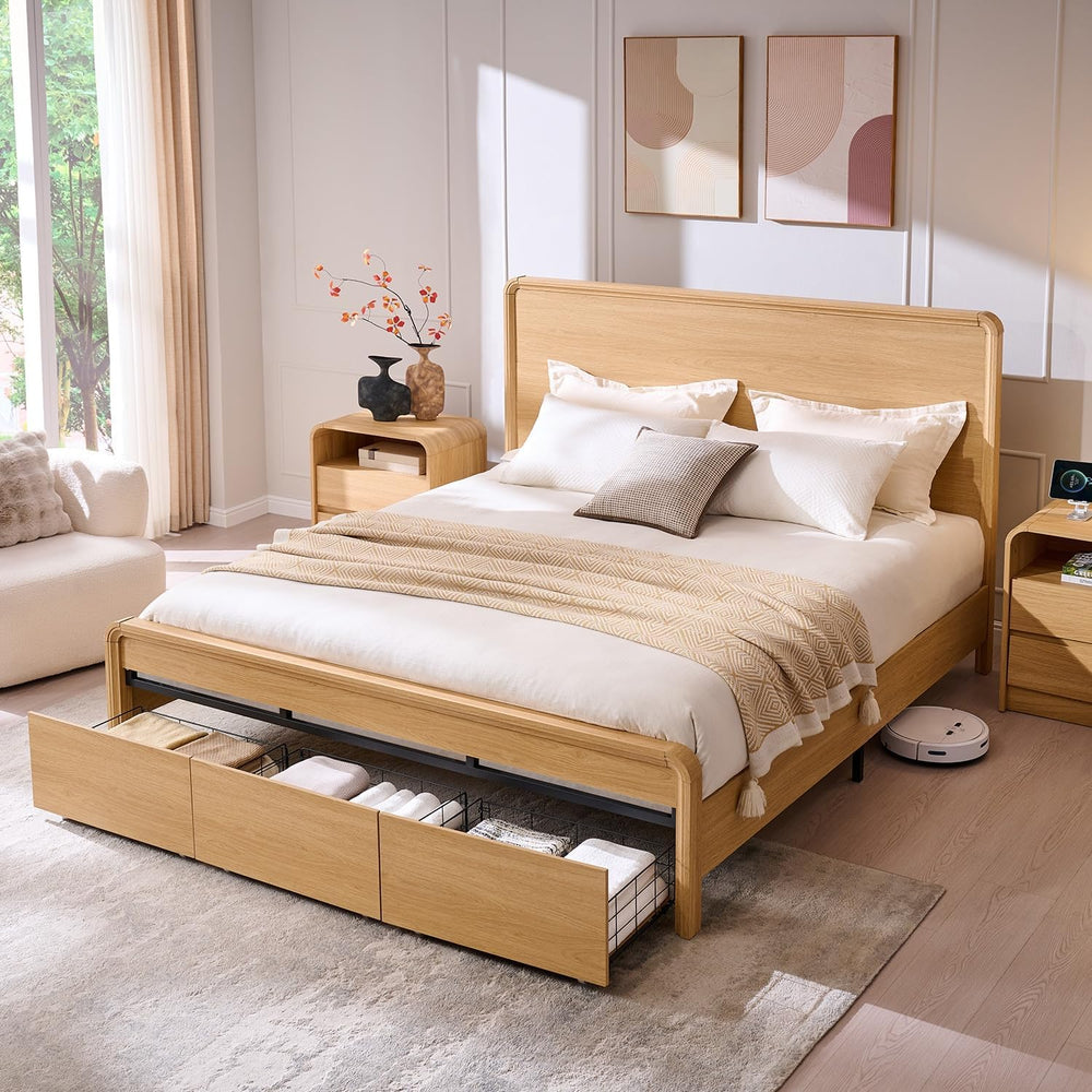 Aitjunz Modern King Size Bed Frame with 50" Tall Headboard, Natural Oak