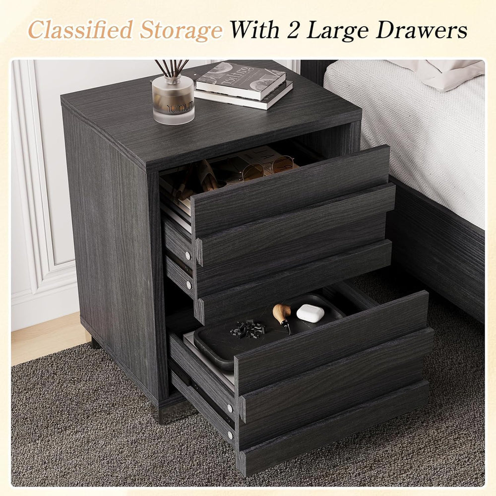 LUXOAK 3 Piece Slatted Bedroom Set Queen Bed Frame & 2 Nightstands, Black