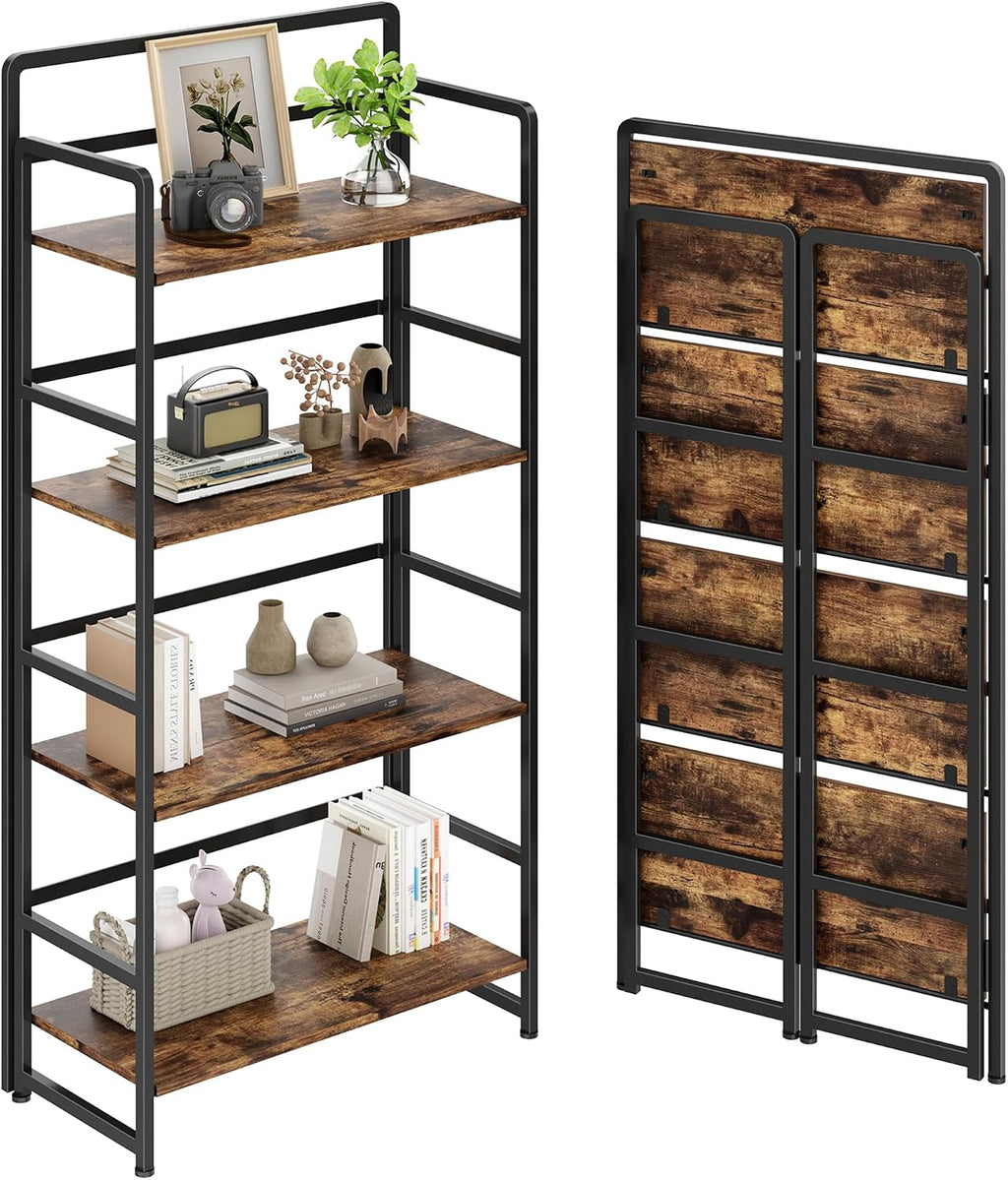 Folding Bookshelf 4 Tiers,No Assembly,Vintage Wood Storage,Rustic Brown