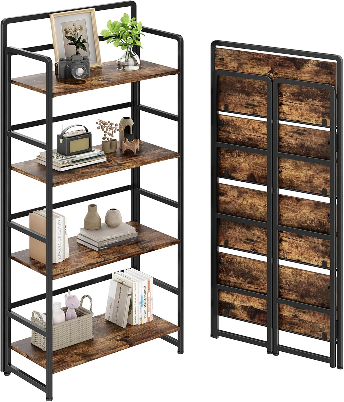 Folding Bookshelf 4 Tiers,No Assembly,Vintage Wood Storage,Rustic Brown