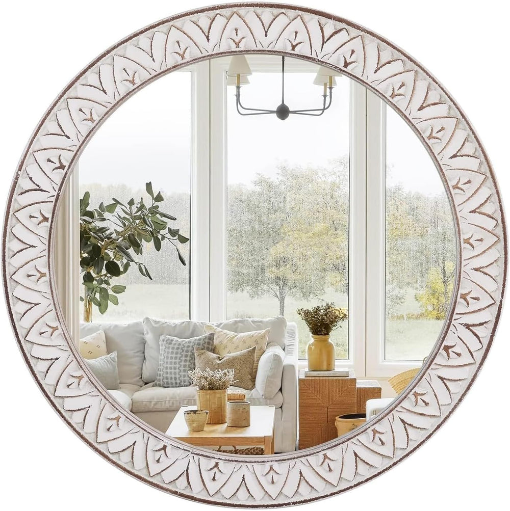 12in Round Mirror Farmhouse Wooden Frame Circle Mirrors, Rustic Decorative Di...