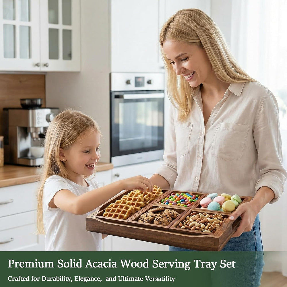 Acacia Wood Serving Tray with Handles for Ottoman Coffee Table