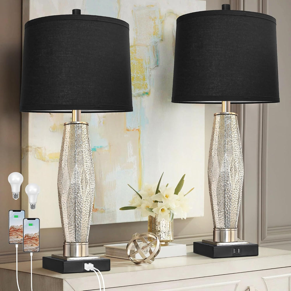 QiMH Table Lamps Set of 2, Bedroom Lamp with USB A+C Charging Ports, Modern G...