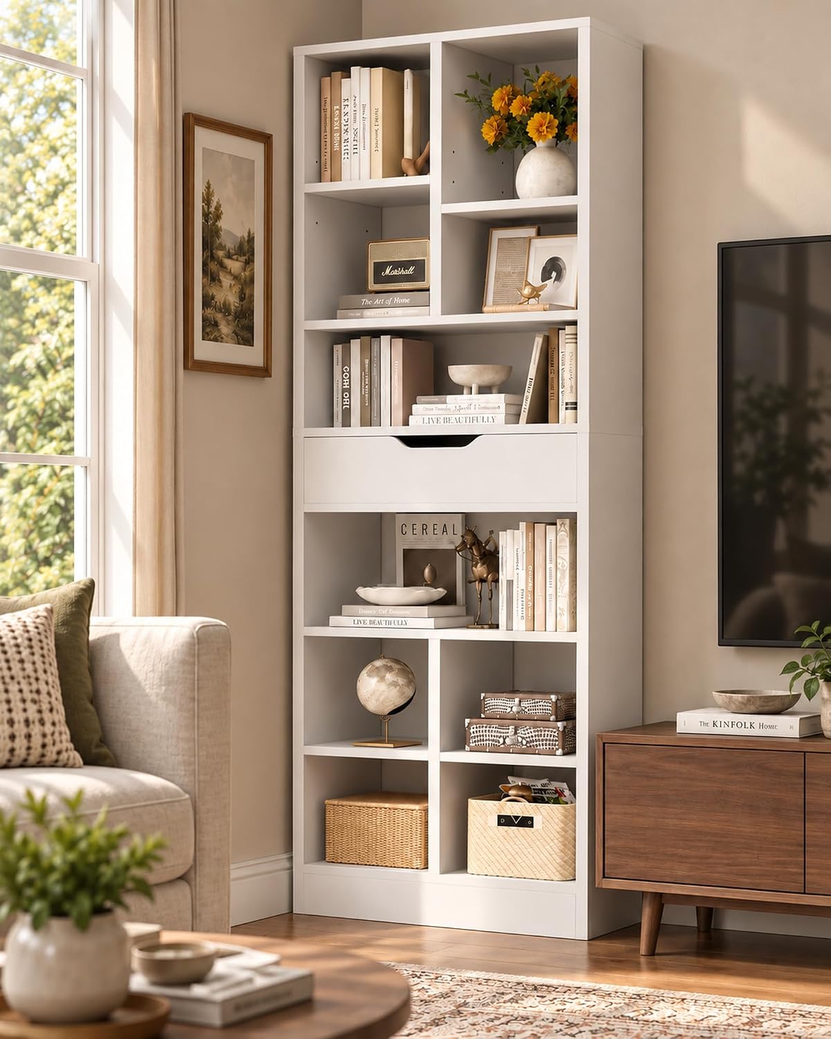 Armocity 73.6" Tall Narrow Bookshelf with Drawer for Display, 19.7" Wide