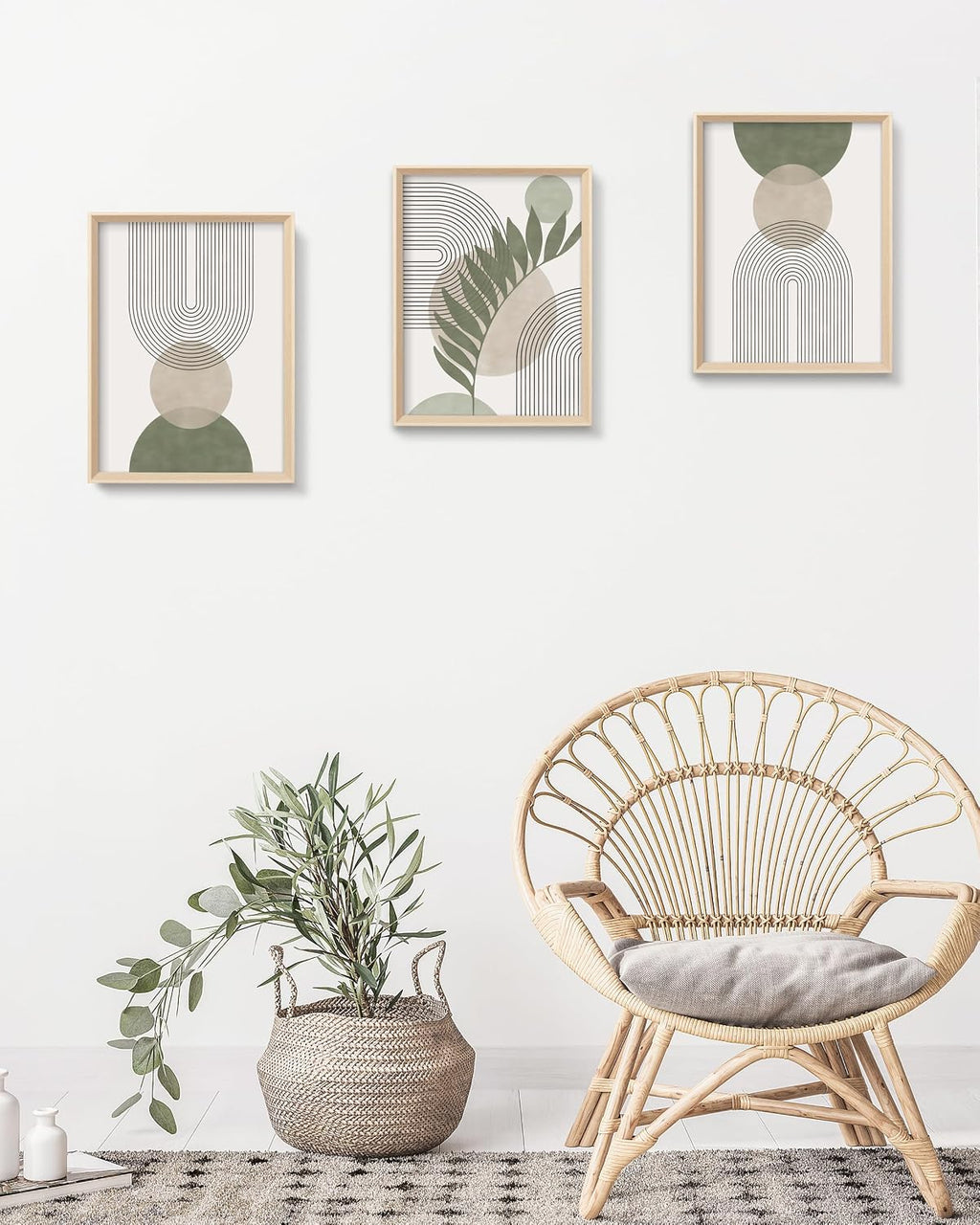 Boho Sage Green Framed Wall Art, Abstract Canvas Prints