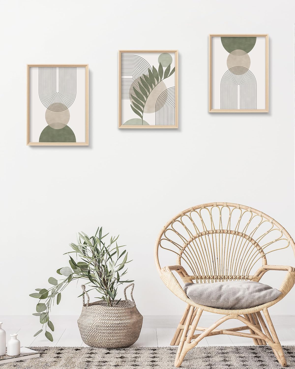 Boho Sage Green Framed Wall Art, Abstract Canvas Prints
