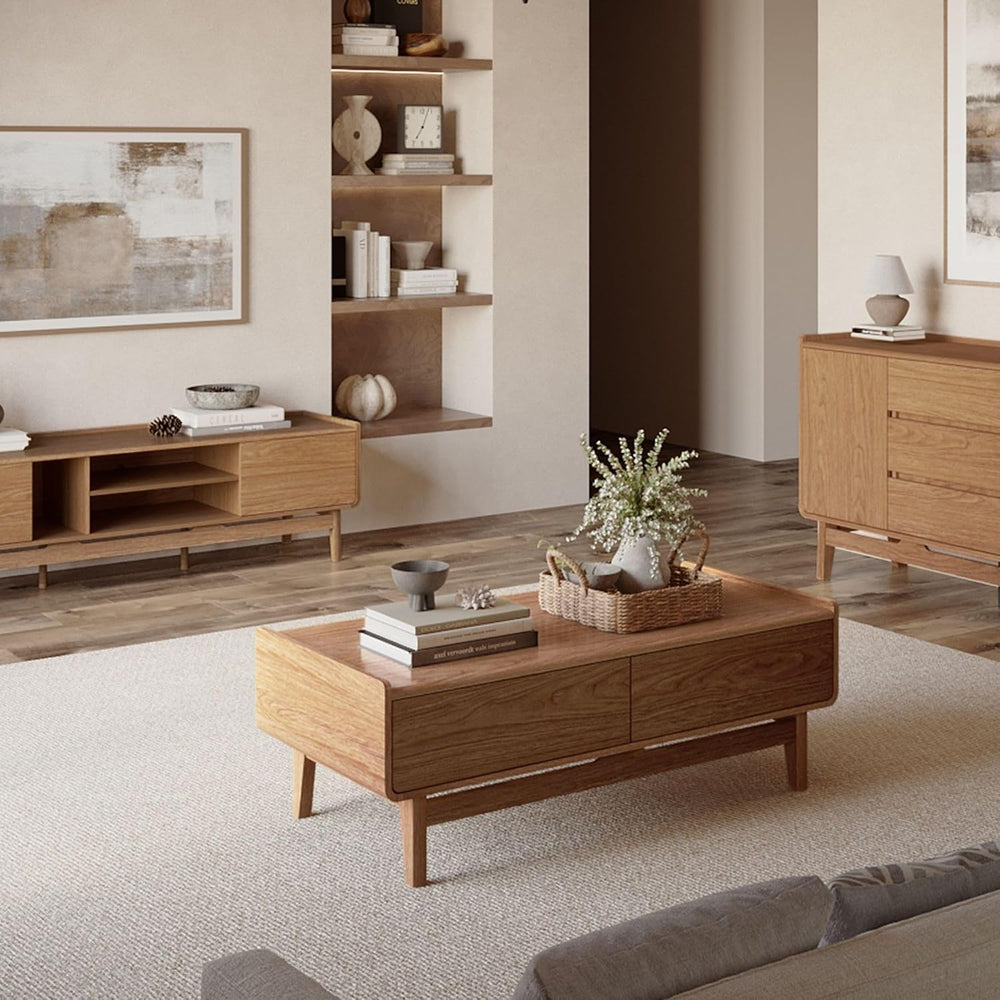 LuxenHome 47" Coffee Table with Storage, Oak Center Table for Living Room