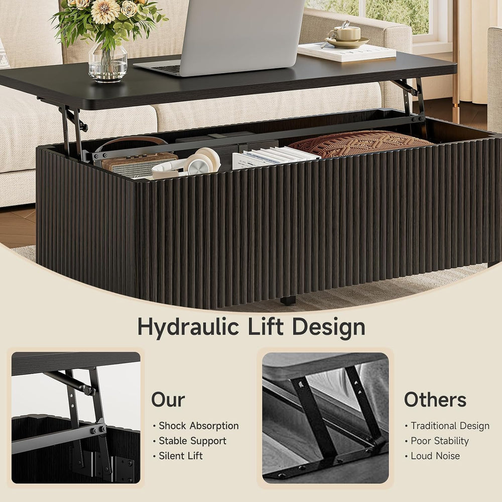 ONBRILL Fluted Lift Top Coffee Table, Mid-Century Modern Coffee Table