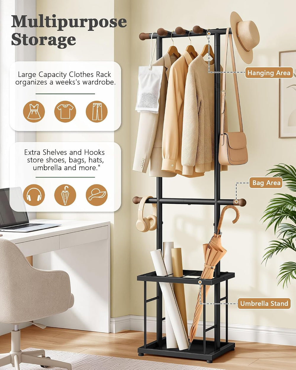 FAVOOSTY Coat Rack Freestanding with Umbrella Holder for Entryway, Black