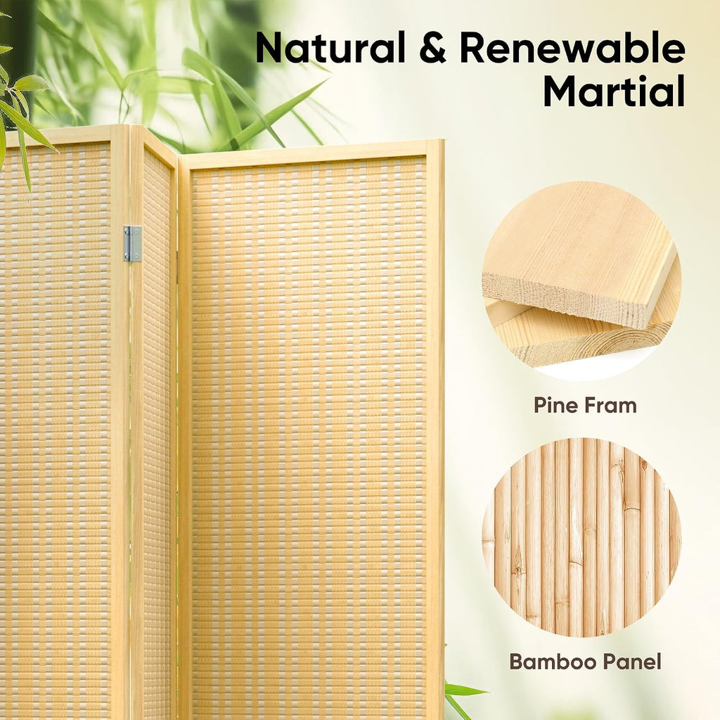 JOSTYLE Room Divider 4 Panel Folding Privacy Screen, Woven Bamboo, Wooden