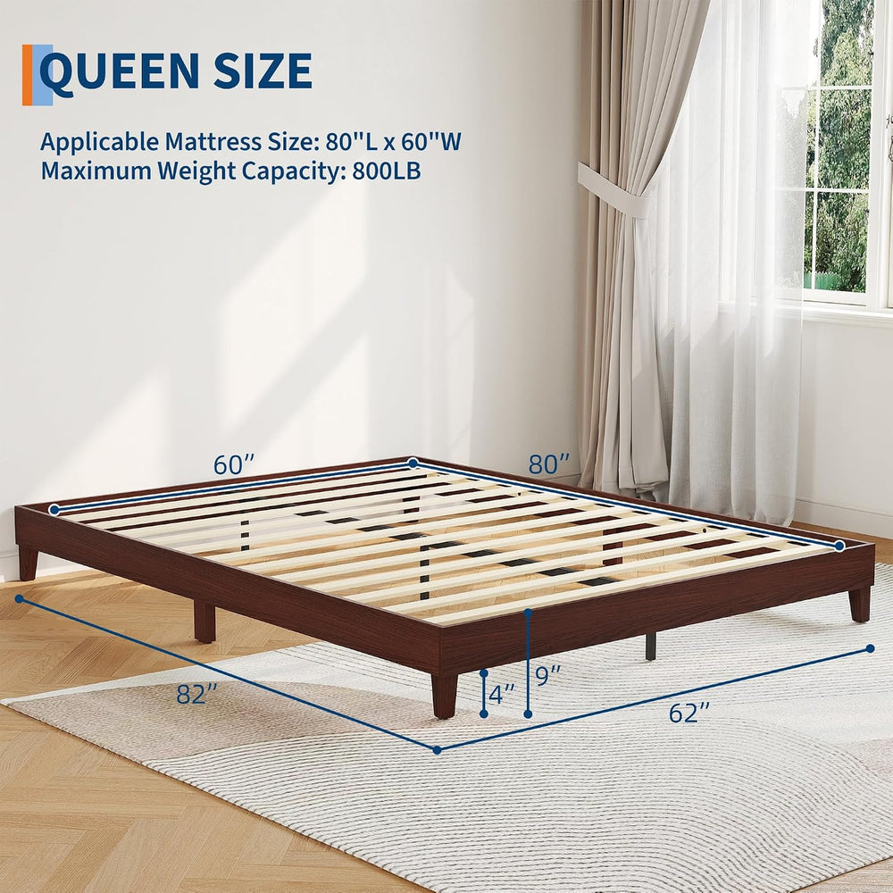 IDEALHOUSE Queen Size Bed Frame,9 Inch Natural Sturdy Wood Platform Bed
