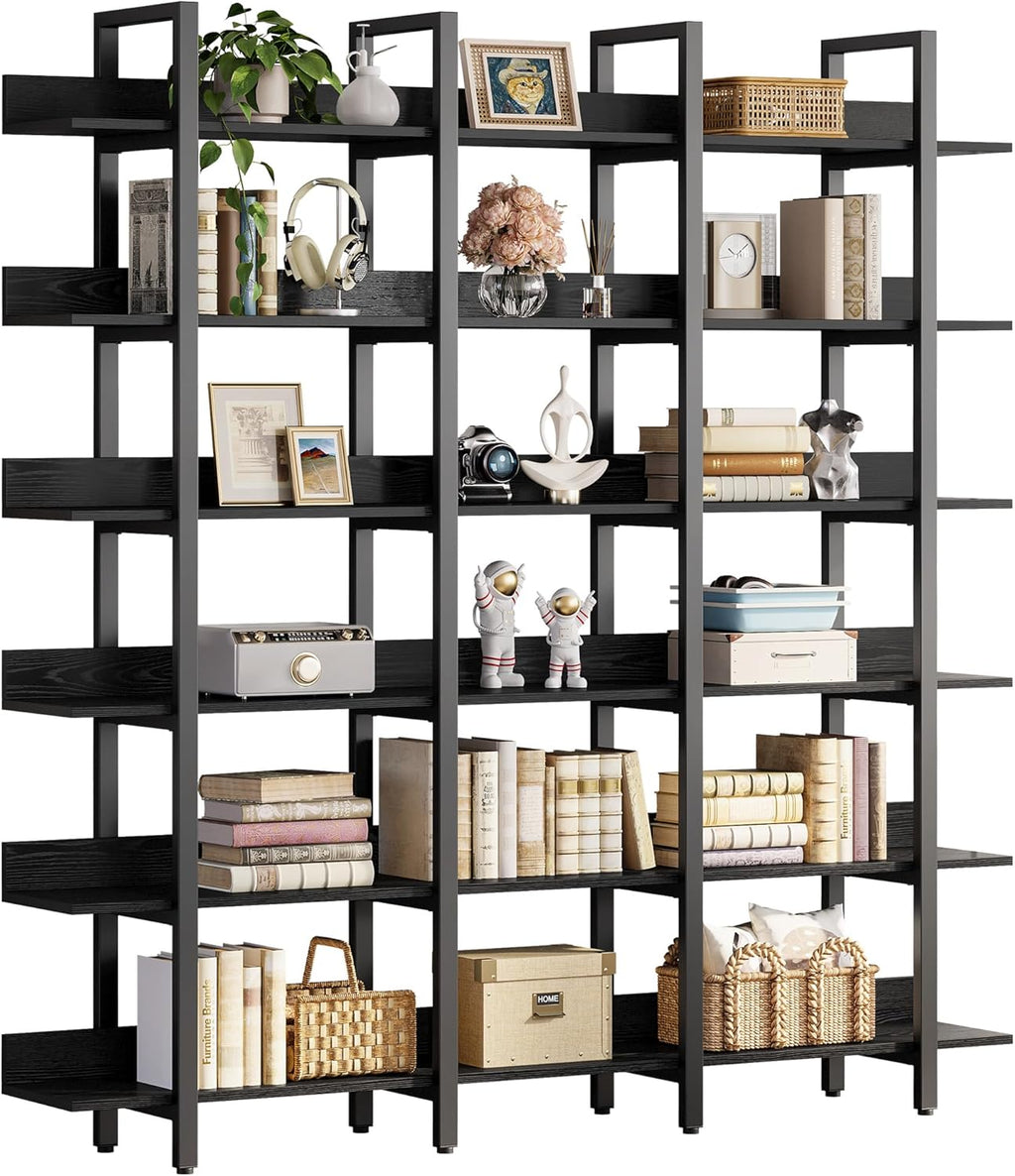 IRONCK Book Shelf Triple Wide Bookshelves 6 Tiers with Back Fence