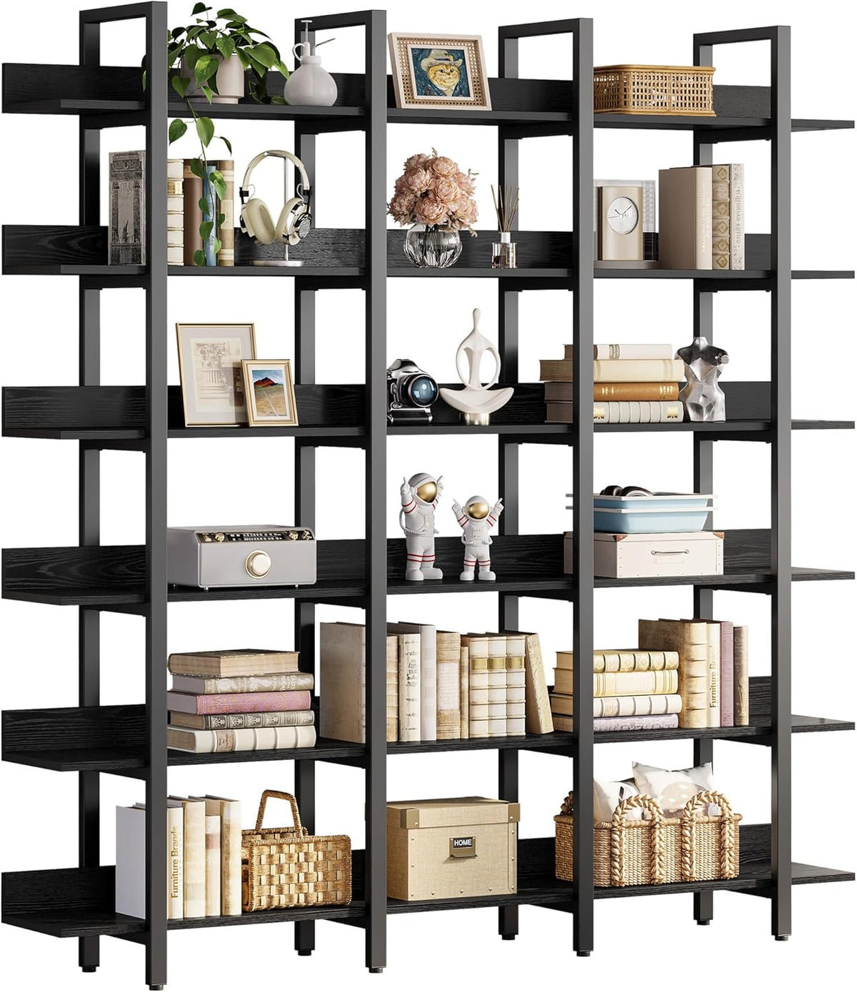 IRONCK Book Shelf Triple Wide Bookshelves 6 Tiers with Back Fence