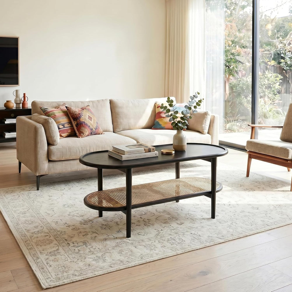 Black Rattan Coffee Table, 39.5" Oval Center Table with Storage Shelf, M...
