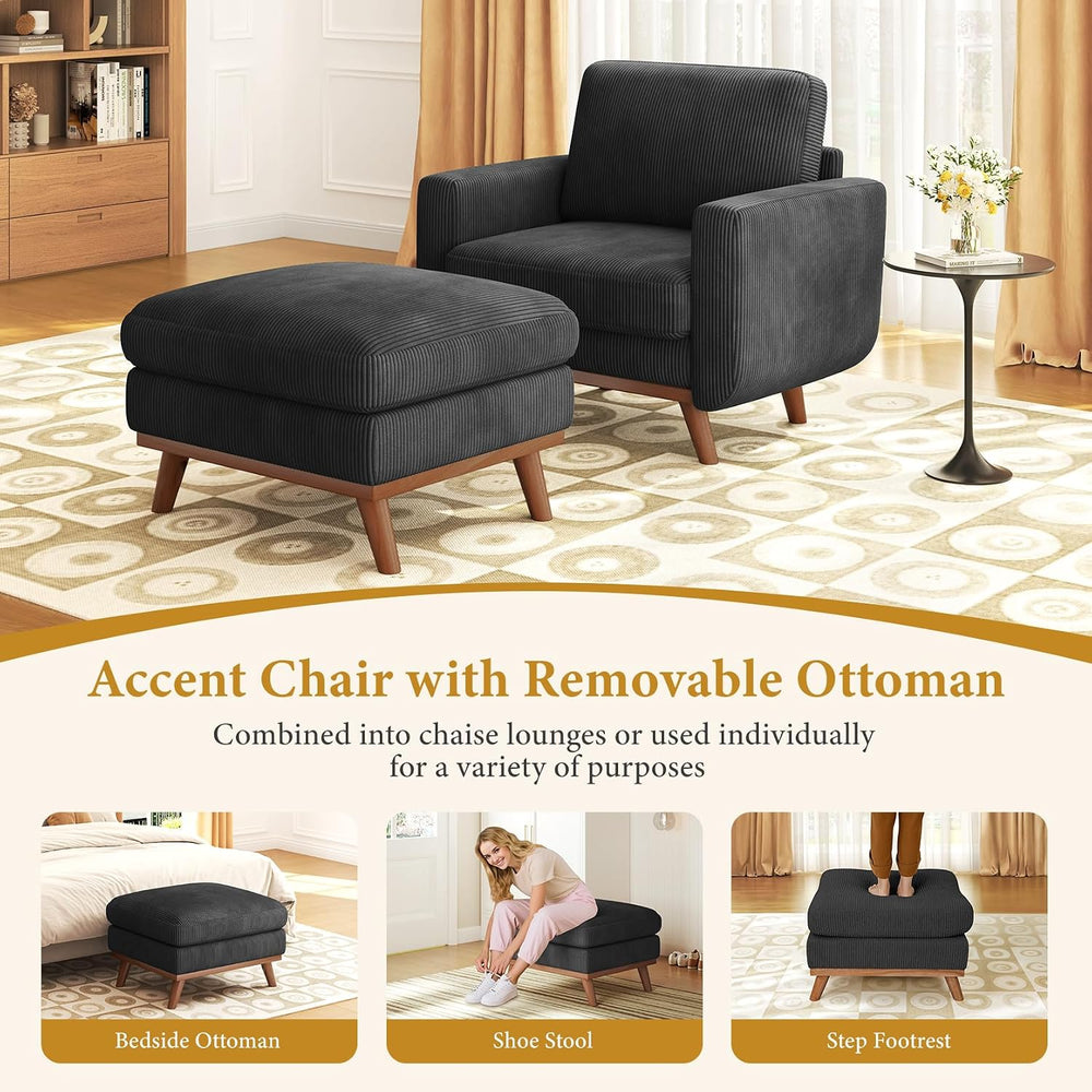 Vesgantti 38.5" Accent Chair with Movable Ottoman, Comfy Corduroy Armcha...