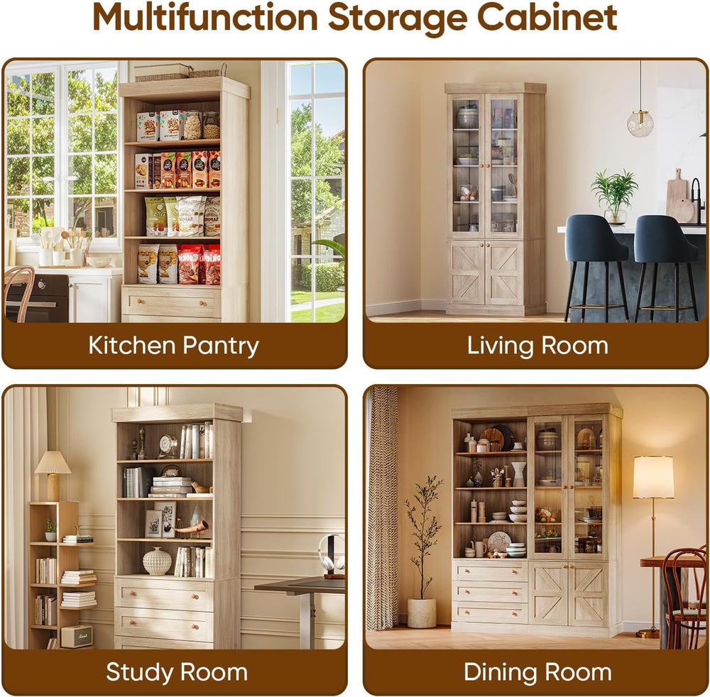 Vyre 71" Tall Farmhouse Bookshelves with Glass Doors, Brown Large Modula...