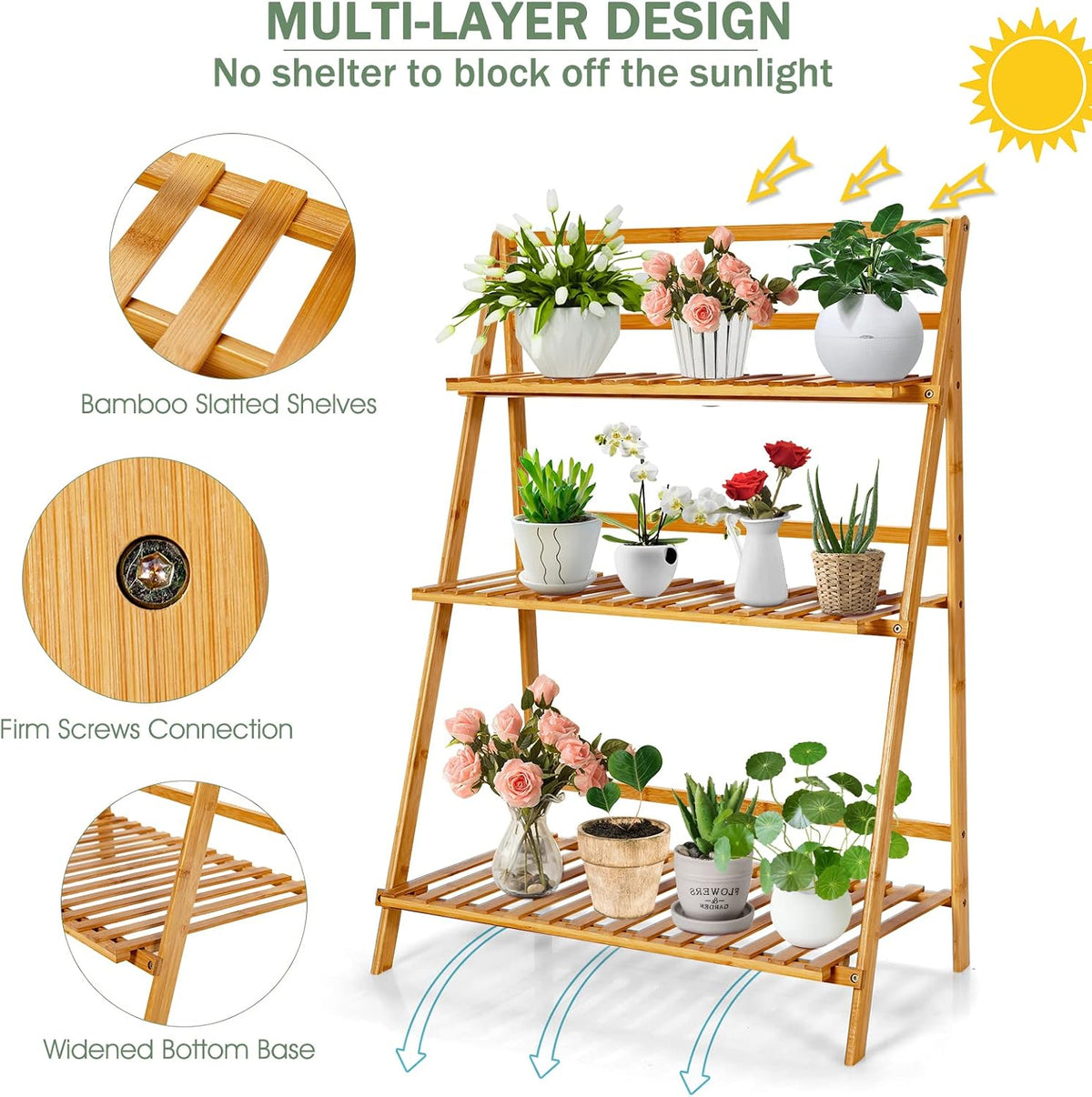 COSTWAY Bamboo Plant Stand, Foldable Multifunctional Flower Display Ladder Shelf, 3-Tier Storage Rack