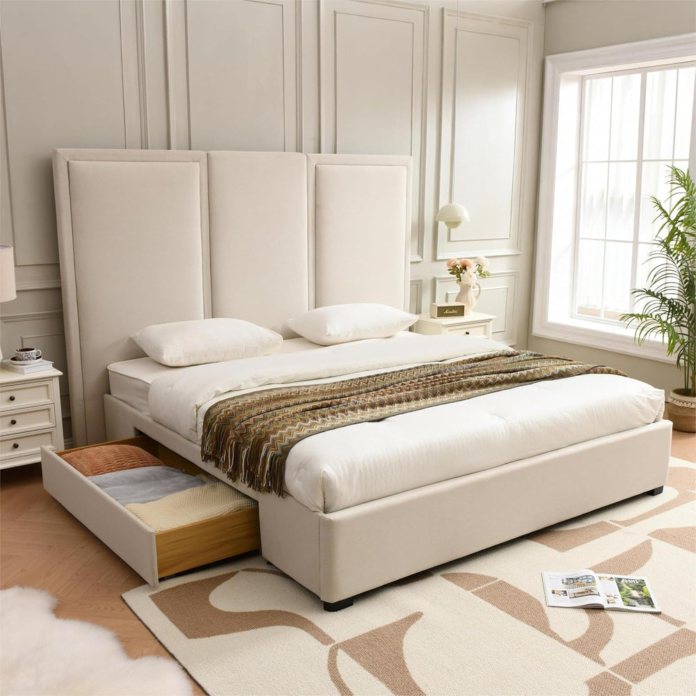 YUHUASHI King Storage Drawers Bed with 64" Upholstered Headboard，Beige