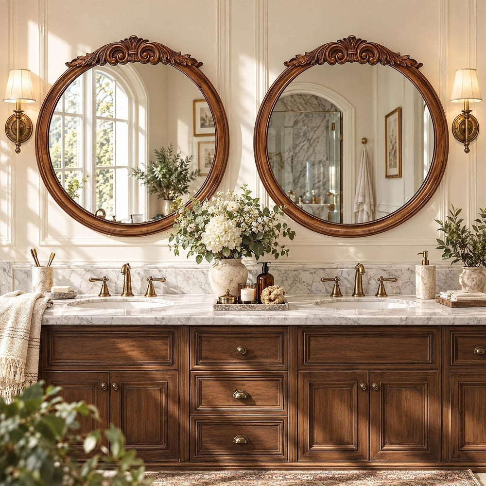 30 Inch Rustic Wall Mirror with Solid Wood Walnut Light Brown