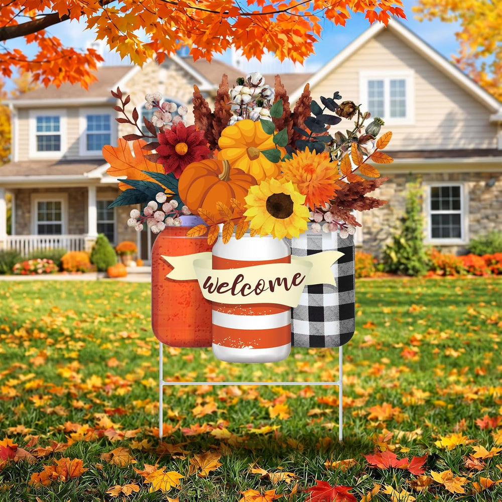 Yookeer Fall Decoration Outdoor Metal Pumpkin Fall Leaf Sign with Stakes