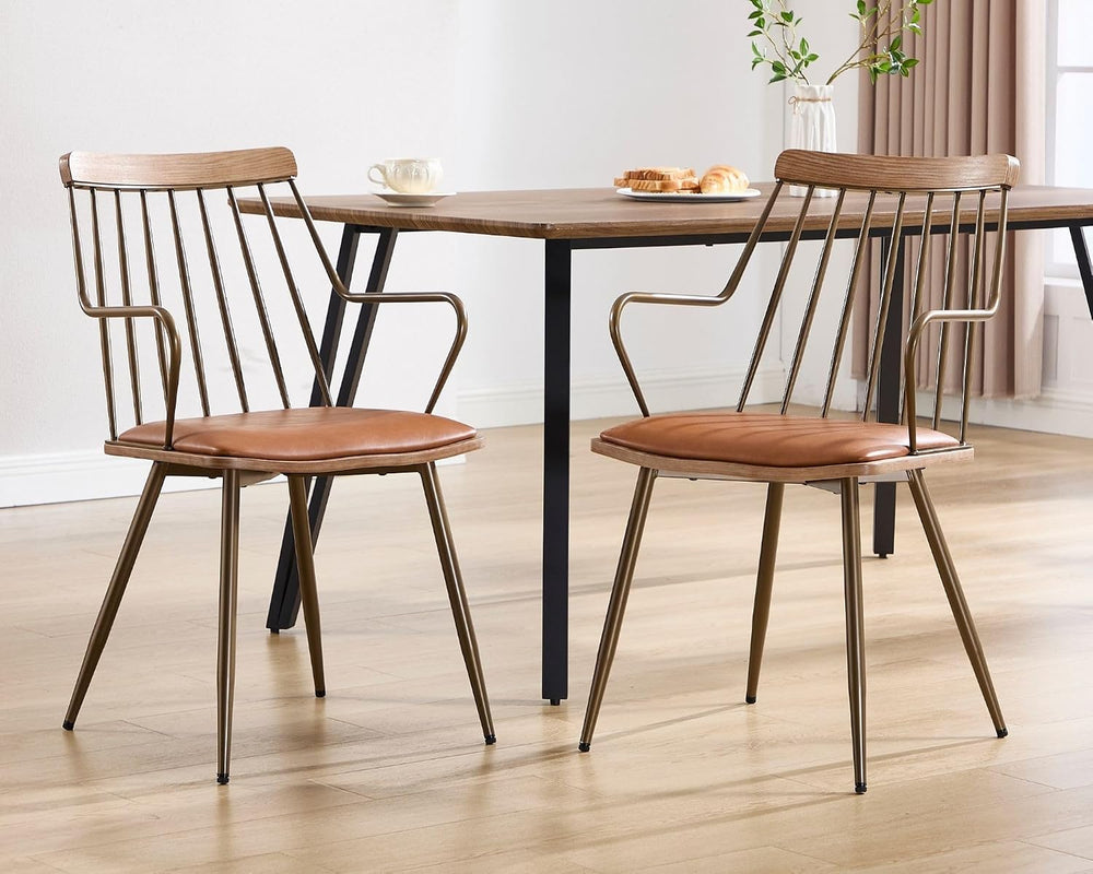 HNY Mid Century Modern Dining Chairs Set of 2, Brown Faux Leather Armchairs