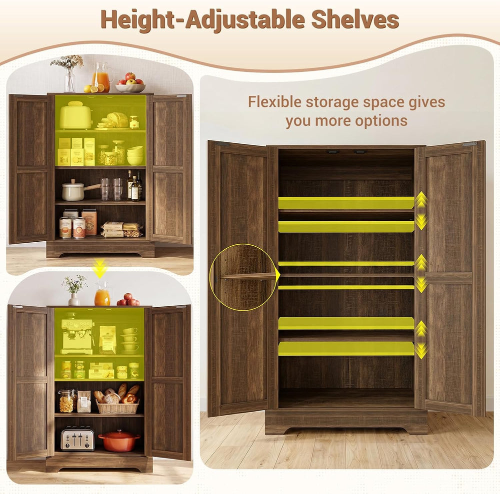Unikito Kitchen Pantry Cabinet with Adjustable Shelves, Weathered Brown