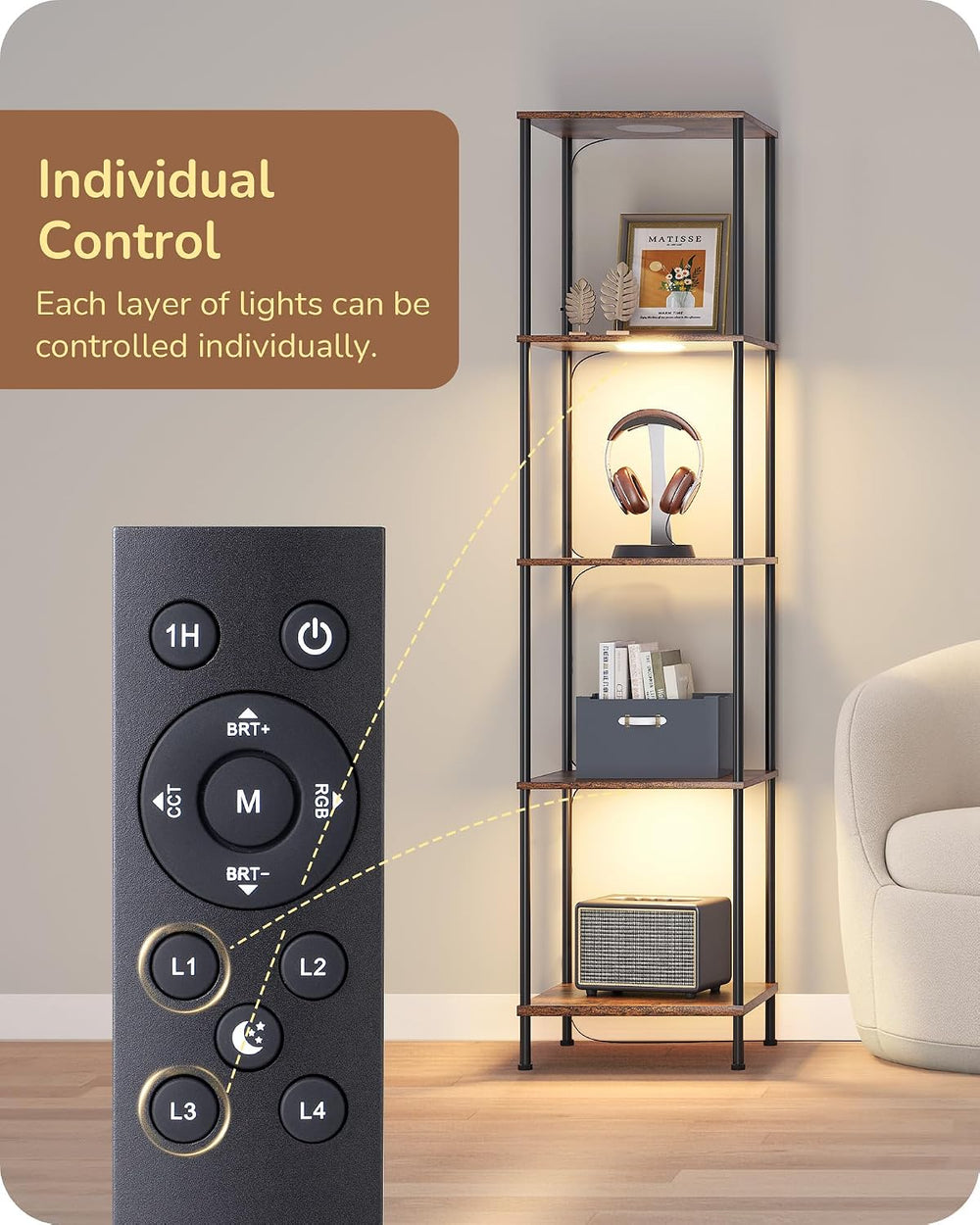 EDISHINE RGBW Floor Lamp with 5-Tier Display Shelves, Remote Control