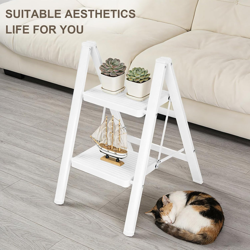 Valeo 2 Step Ladder,Lightweight Folding Step Stool with Wide Anti-Slip Pedal, 330LBS Capacity, Heavy Duty,Sturdy Iron Metal Step Stool for Home, Kitchen, Closet, Adults, White