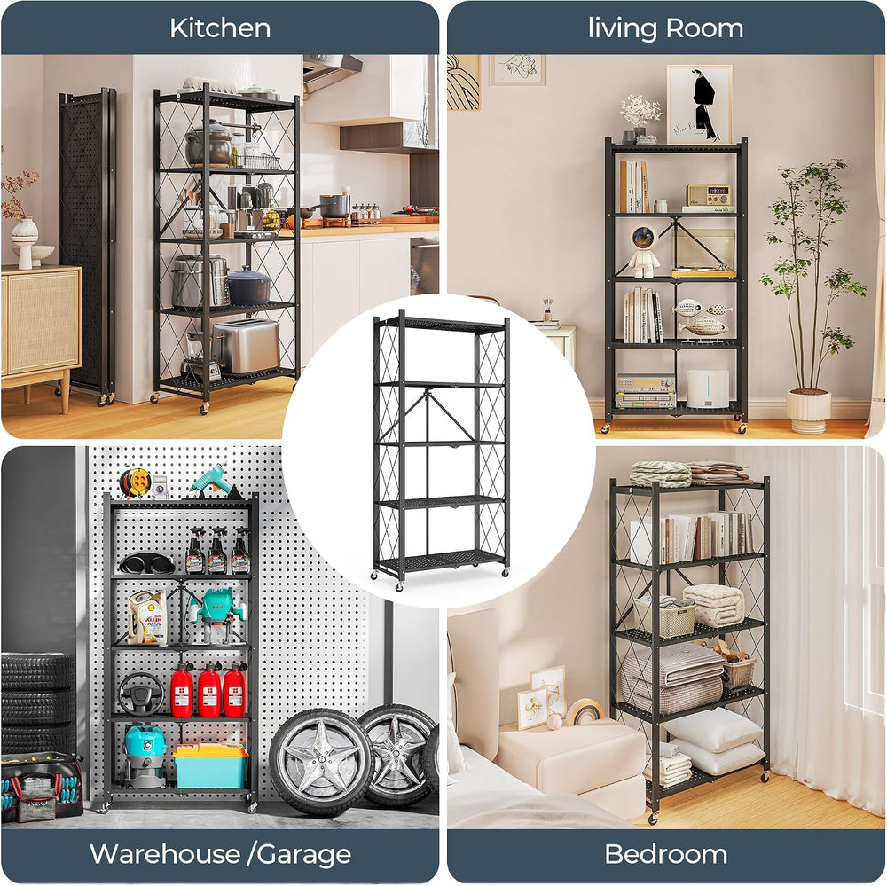 Storage Shelves with Wheels, 5 Tier Metal Collapsible Shelving Unit, Heavy Du...
