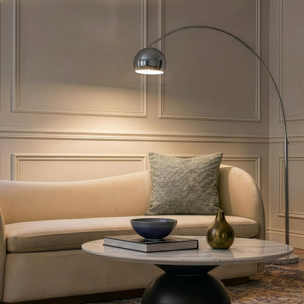 Brightech Olivia Floor Lamp - Chic Arc Lamp with Rounded Spolight Head and Marble Base for Living Room, Tall Standing Lamp with LED Light Bulb for Bedroom Reading, Boho Home Decor for Office - Chrome