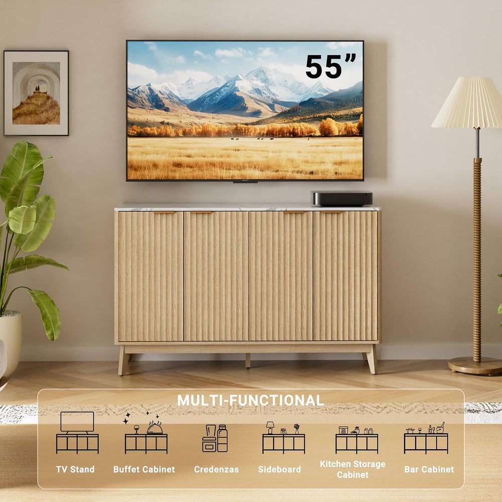 Sideboard Cabinet, 55'' Buffet Cabinet with Faux Marble Top & Adj...