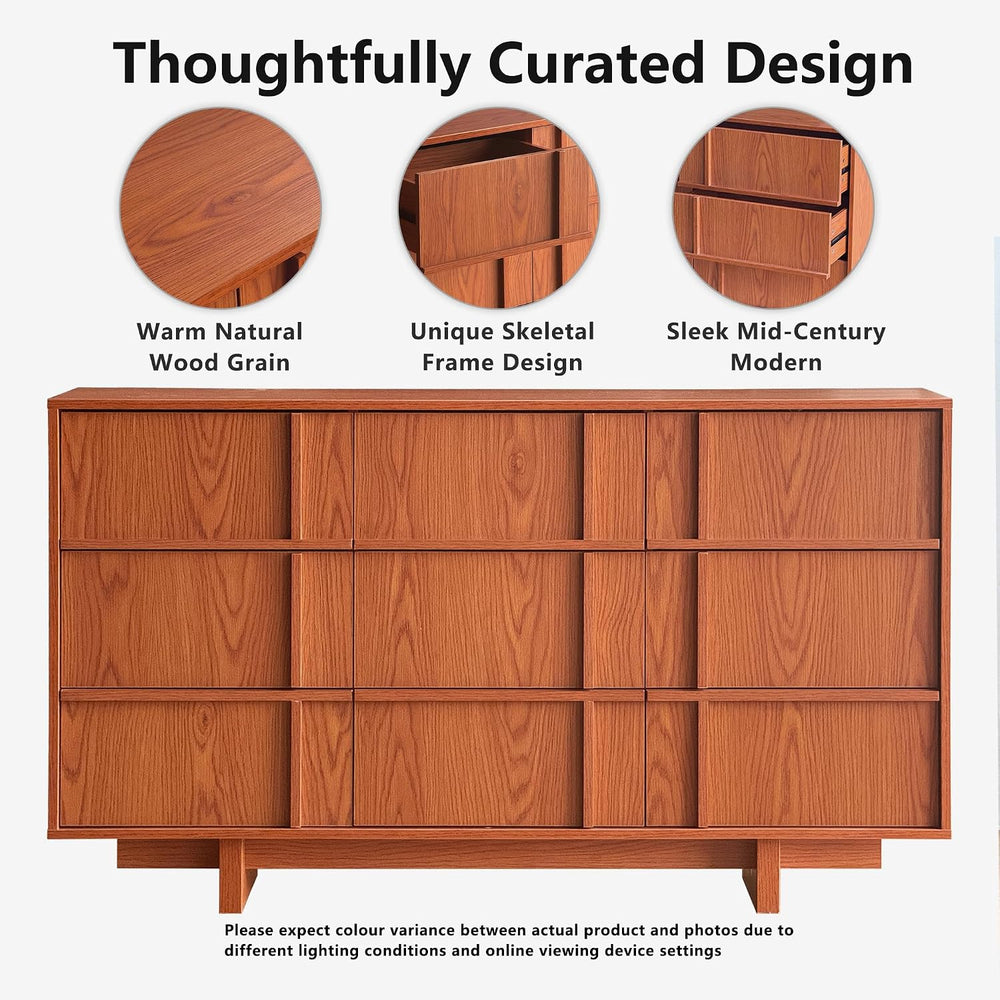 9 Drawer Dresser and Nightstand Set 3 Piece, Mid Century Modern Dresser and N...