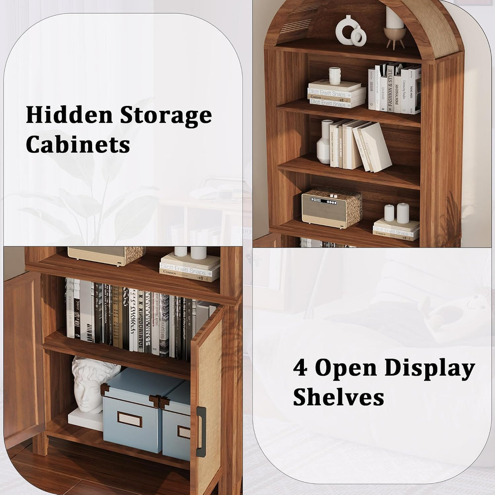Janmer Home 71" Tall Boho Rattan Arched Bookcase with Doors,Walnut