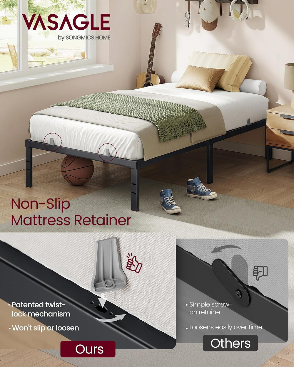 VASAGLE Twin Metal Bed Frame, 14 Inches Tall, 550 lb Weight Capacity