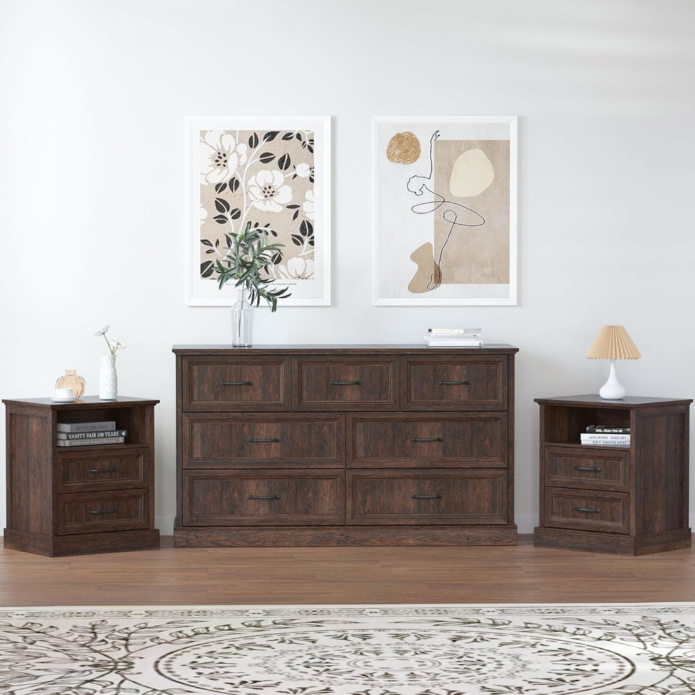 Tradare 3 Pcs Farmhouse Dresser and Nightstand Sets for Bedroom, 7 Drawer Dre...