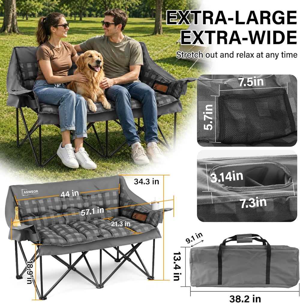 Double Camping Chair for Adult,Heavy Duty Padded Loveseat Chair,Gray