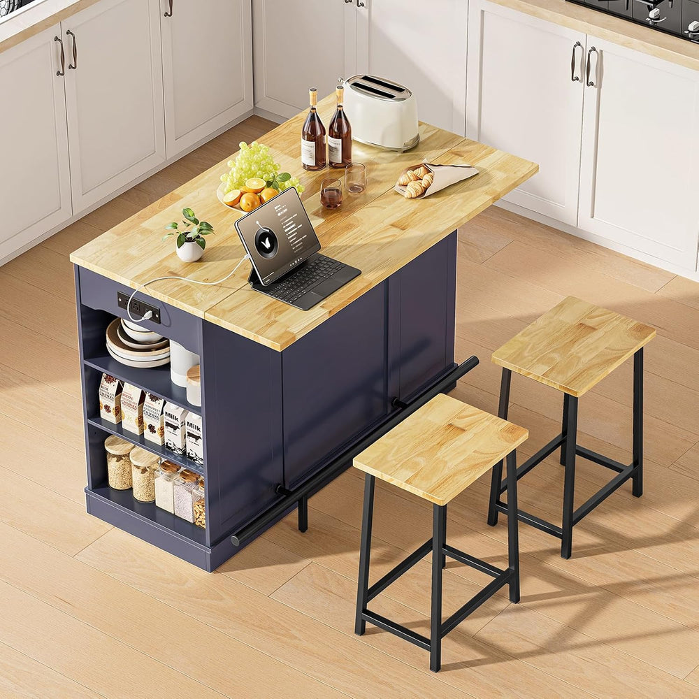 ONBRILL 47" Kitchen Island with Trash Can Storage, Include 2 Chairs, Blue
