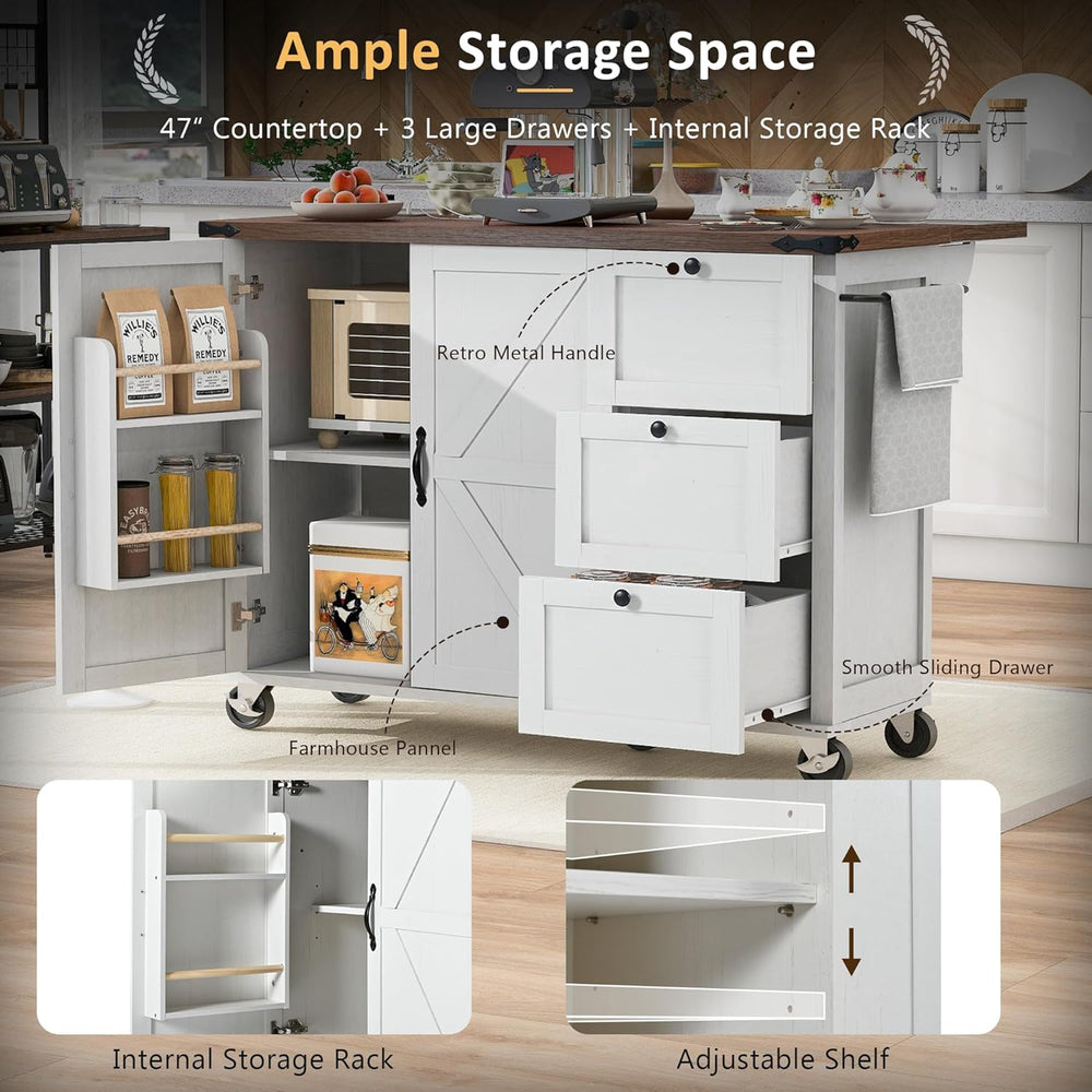 54.5" Farmhouse Kitchen Island with Power Outlet, White