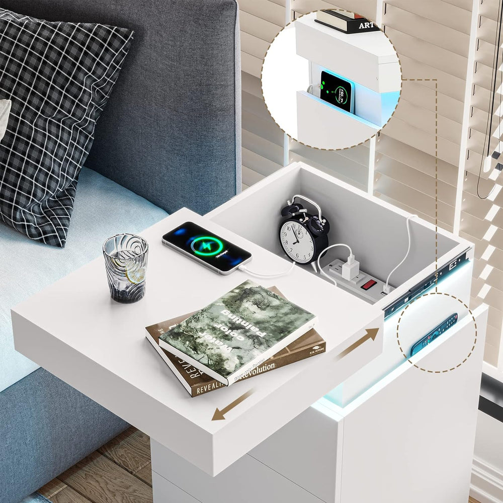 ADORNEVE White Nightstand with Charging Station and LED Lights