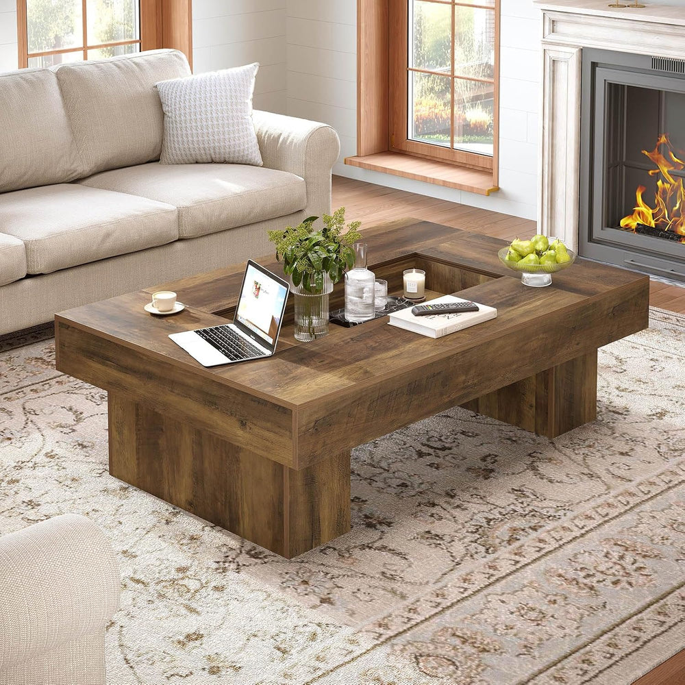 LVB 47"X31" Large Rectangle Wood Coffee Table with Storage Rustic Oak