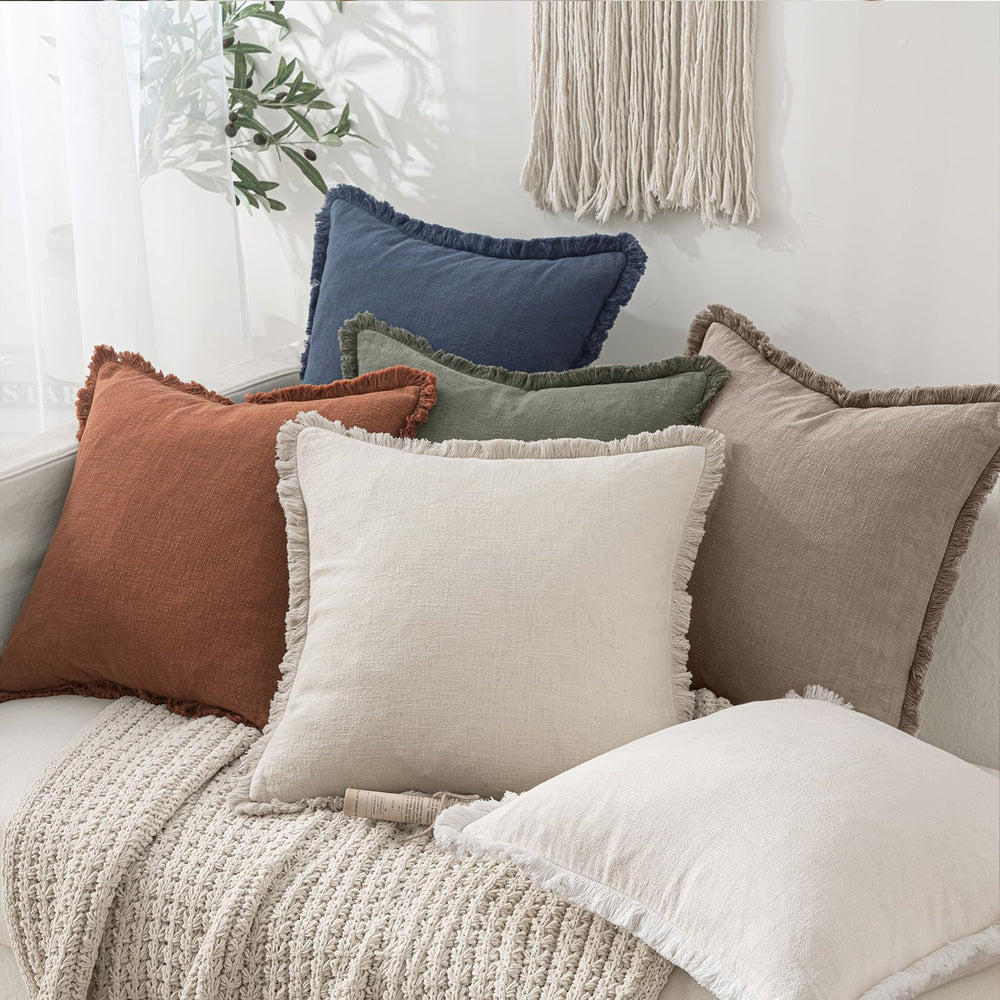 MIULEE Boho Linen Fringe Decorative Fall Throw Pillow Covers Dune 20x20